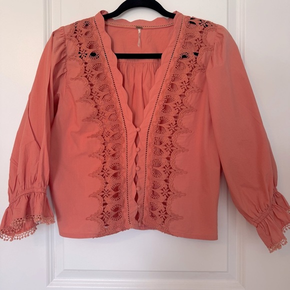 Free People Louella Embroidered Coral Lace Detail Women's Large Top - Picture 1 of 9